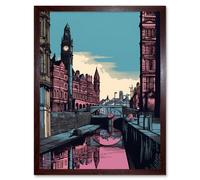 Artery8 Wall Art Print Leeds Canal Cityscape Pink & Teal Art Framed in Brown | Size: W12" x H16" Artery8 Brown W12" x H16"