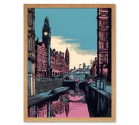 Artery8 Wall Art Print Leeds Canal Cityscape Pink & Teal Art Framed in Light Oak | Size: W12" x H16" Artery8 Light Oak W12" x H16"