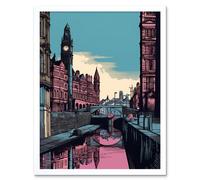 Artery8 Wall Art Print Leeds Canal Cityscape Pink & Teal Art Framed in White | Size: W12" x H16" Artery8 White W12" x H16"