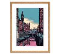 Artery8 Wall Art Print Leeds Canal Cityscape Pink & Teal Artwork Framed 9X7 Inch in Beige | Size: W7" x H9" Artery8 Beige W7" x H9"