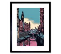 Artery8 Wall Art Print Leeds Canal Cityscape Pink & Teal Artwork Framed 9X7 Inch in Black | Size: W7" x H9" Artery8 Black W7" x H9"