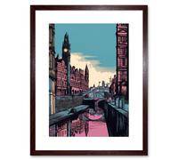 Artery8 Wall Art Print Leeds Canal Cityscape Pink & Teal Artwork Framed 9X7 Inch in Brown | Size: W7" x H9" Artery8 Brown W7" x H9"