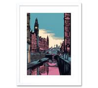 Artery8 Wall Art Print Leeds Canal Cityscape Pink & Teal Artwork Framed 9X7 Inch in White | Size: W7" x H9" Artery8 White W7" x H9"