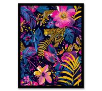 Artery8 Wall Art Print Leopard Floral Pattern Trippy Psychedelic Design Art Framed Poster in Black | Size: W12" x H16" Artery8 Black W12" x H16"