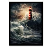 Artery8 Wall Art Print Lighthouse Against a Stormy Sea Dramatic Seascape Framed | Size: W12" x H16" Artery8 Multicolor W12" x H16"