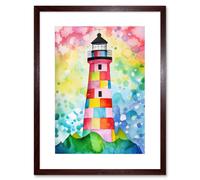 Artery8 Wall Art Print Lighthouse At Sunrise Dreamy Folk Art Watercolour Painting Artwork Framed 9X7 Inch in Brown | Size: W7" x H9" Artery8 Brown W7" x H9"