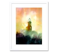 Artery8 Wall Art Print Lighthouse in the Fog Watercolour Painting Soft Atmospheric Light Coastal Landscape Artwork Framed 9X7 Inch | Size: W7" x H9" Artery8 White W7" x H9"
