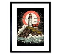 Artery8 Wall Art Print Lighthouse on a Cliff Crushing Waves Below Rockabilly Americana 50s Artwork Framed 9X7 Inch in Black | Size: W7" x H9" Artery8 Black W7" x H9"
