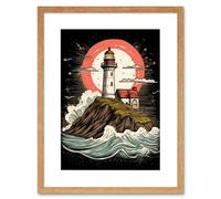 Artery8 Wall Art Print Lighthouse on a Cliff Crushing Waves Below Rockabilly Americana 50s Artwork Framed 9X7 Inch in Beige | Size: W7" x H9" Artery8 Beige W7" x H9"
