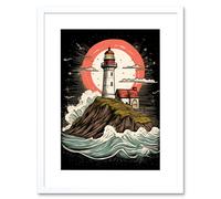 Artery8 Wall Art Print Lighthouse on a Cliff Crushing Waves Below Rockabilly Americana 50s Artwork Framed 9X7 Inch in White | Size: W7" x H9" Artery8 White W7" x H9"