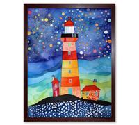 Artery8 Wall Art Print Lighthouse On Starry Night Folk Art Watercolour Painting Art Framed in Brown | Size: W12" x H16" Artery8 Brown W12" x H16"