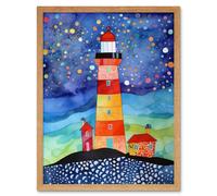 Artery8 Wall Art Print Lighthouse On Starry Night Folk Art Watercolour Painting Art Framed in Light Oak | Size: W12" x H16" Artery8 Light Oak W12" x H16"