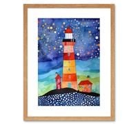 Artery8 Wall Art Print Lighthouse On Starry Night Folk Art Watercolour Painting Artwork Framed 9X7 Inch in Beige | Size: W7" x H9" Artery8 Beige W7" x H9"