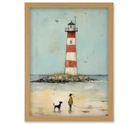 Artery8 Lighthouse Pastel Colour Painting Bathroom Artwork Red Blue Ochre Boy and Pet Dog Beach Walk Artwork Framed Wall Art Print A4