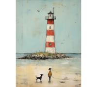 Wall Art Print Lighthouse Pastel Colour Painting Bathroom Artwork Red Blue Ochre Boy and Pet Dog Beach Walk Poster Artery8 Blue W24 inch x H32 inch