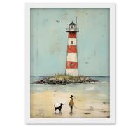 Artery8 Lighthouse Pastel Colour Painting Bathroom Artwork Red Blue Ochre Boy and Pet Dog Beach Walk Artwork Framed Wall Art Print A4