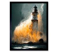 Artery8 Framed Wall Art Lighthouse Storm French Coastline Lightning Hurricane - 12X16 Inch