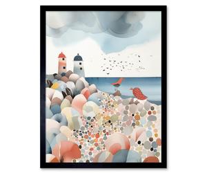 Artery8 Wall Art Print Lighthouses On Multicoloured Pebble Beach Watercolour Painting Art Framed in Black | Size: W12" x H16" Artery8 Black W12" x H16"