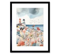 Artery8 Wall Art Print Lighthouses On Multicoloured Pebble Beach Watercolour Painting Artwork Framed 9X7 Inch in Black | Size: W7" x H9" Artery8 Black W7" x H9"