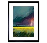 Artery8 Wall Art Print Lightning Strike Over an Open Countryside Field Artwork Framed 9X7 Inch in Black | Size: W7" x H9" Artery8 Black W7" x H9"