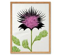 Artery8 Wall Art Print Linocut Scottish Thistle Abstract Wildflower Art Framed in Light Oak | Size: W12" x H16" Artery8 Light Oak W12" x H16"