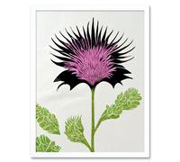 Artery8 Wall Art Print Linocut Scottish Thistle Abstract Wildflower Art Framed in White | Size: W12" x H16" Artery8 White W12" x H16"