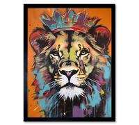 Artery8 Wall Art Print Lion Wearing Crown Jungle King Animal Portrait Art Framed in Black | Size: W12" x H16" Artery8 Black W12" x H16"