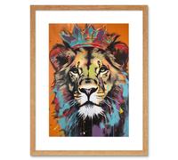 Artery8 Wall Art Print Lion Wearing Crown Jungle King Animal Portrait Artwork Framed 9X7 Inch in Beige | Size: W7" x H9" Artery8 Beige W7" x H9"