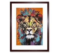 Artery8 Wall Art Print Lion Wearing Crown Jungle King Animal Portrait Artwork Framed 9X7 Inch in Brown | Size: W7" x H9" Artery8 Brown W7" x H9"