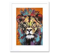 Artery8 Wall Art Print Lion Wearing Crown Jungle King Animal Portrait Artwork Framed 9X7 Inch in White | Size: W7" x H9" Artery8 White W7" x H9"