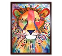 Artery8 Wall Art Print Lion With Multicoloured Pattern Mane Folk Art Watercolour Painting Art Framed in Brown | Size: W12" x H16" Artery8 Brown W12" x H16"