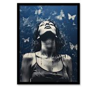 Artery8 Wall Art Print Live Without Regrets Collage Butterfly Blues Woman Framed in Blue | Size: W12" x H16" Artery8 Blue W12" x H16"