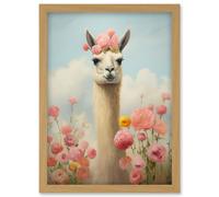 Artery8 Llama and Peonies Pink Elegant Artwork Kids Bedroom Floral Portrait with Roses Artwork Framed Wall Art Print A4
