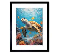 Artery8 Wall Art Print Loggerhead Sea Turtle in Coral Reef Bright Detailed Artwork Caretta Swimming with Yellow Striped Fish Artwork Framed 9X7 Inch Artery8 Black W7" x H9"