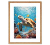 Artery8 Wall Art Print Loggerhead Sea Turtle in Coral Reef Bright Detailed Artwork Caretta Swimming with Yellow Striped Fish Artwork Framed 9X7 Inch Artery8 Beige W7" x H9"