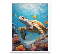 Artery8 Wall Art Print Loggerhead Sea Turtle in Coral Reef Bright Detailed Artwork Caretta Swimming with Yellow Striped Fish Art Framed Artery8 White W12" x H16"