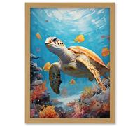 Wall Art Print Loggerhead Sea Turtle in Coral Reef Bright Detailed Artwork Caretta Swimming with Yellow Striped Fish Artwork Framed A4 Artery8 Light Oak A4