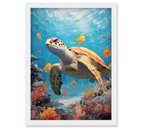 Wall Art Print Loggerhead Sea Turtle in Coral Reef Bright Detailed Artwork Caretta Swimming with Yellow Striped Fish Artwork Framed A4 Artery8 White A4