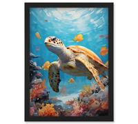 Wall Art Print Loggerhead Sea Turtle in Coral Reef Bright Detailed Artwork Caretta Swimming with Yellow Striped Fish Artwork Framed A4 Artery8 Black A4