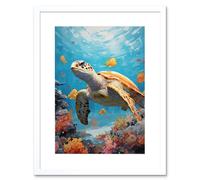 Artery8 Wall Art Print Loggerhead Sea Turtle in Coral Reef Bright Detailed Artwork Caretta Swimming with Yellow Striped Fish Artwork Framed 9X7 Inch Artery8 White W7" x H9"