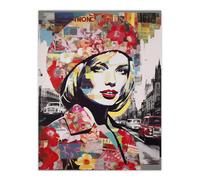 Artery8 Wall Art Print London Floral Fashion Retro Advert Collage Artwork Woman Portrait In Busy Street Vibrant Colourful Bold Pop Art Modern Artery8 Multicolor W12" x H16"