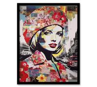 Artery8 London Floral Fashion Retro Advert Collage Artwork Woman Portrait In Busy Street Vibrant Colourful Bold Pop Art Modern Painting Artwork Framed Wall Art Print A4