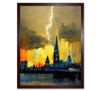 Artery8 Wall Art Print London Lightning Skyline Summer Storm Single Strike Art Framed in Brown | Size: W12" x H16" Artery8 Brown W12" x H16"