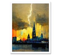Artery8 Wall Art Print London Lightning Skyline Summer Storm Single Strike Art Framed in White | Size: W12" x H16" Artery8 White W12" x H16"