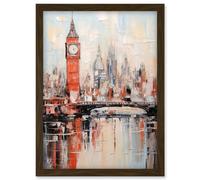 Wall Art Print London Skyline Abstract Oil Painting Thick Paint Red Big Ben River Thames Westminster Bridge England City Artwork Framed A4 Artery8 Brown A4