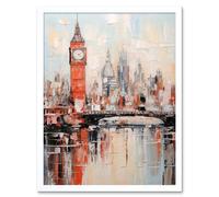 Artery8 Wall Art Print London Skyline Abstract Oil Painting Thick Paint Red Big Ben River Thames Westminster Bridge England City Art Framed Artery8 White W12" x H16"