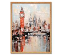 Artery8 Wall Art Print London Skyline Abstract Oil Painting Thick Paint Red Big Ben River Thames Westminster Bridge England City Art Framed Artery8 Light Oak W12" x H16"