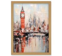 Wall Art Print London Skyline Abstract Oil Painting Thick Paint Red Big Ben River Thames Westminster Bridge England City Artwork Framed A4 Artery8 Light Oak A4