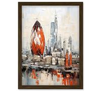 Wall Art Print London Skyline Abstract Oil Painting Thick Paint Red Gherkin Building River Thames England City Artwork Framed A4 Artery8 Brown A4