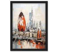 Artery8 London Skyline Abstract Oil Painting Thick Paint Red Gherkin Building River Thames England City Artwork Framed Wall Art Print A4